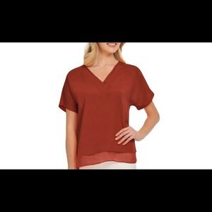 DKNY Brown sheer chiffon trim short sleeve V neck Top Size L P02A7CLZ